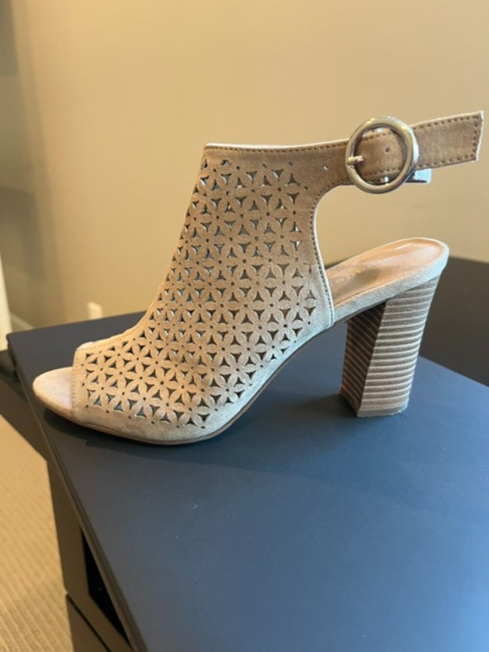 Madden Girl Tan Peep-Toe Block Heels